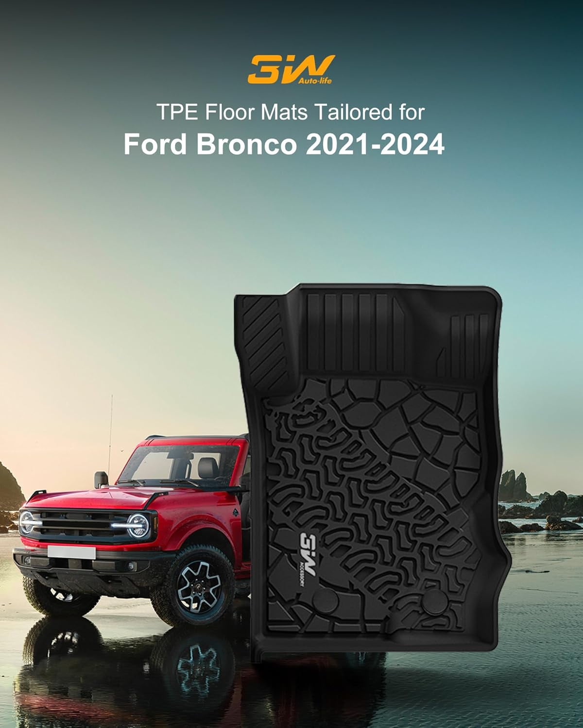 3W Custom Fit Floor Mats, Cargo Liner & Back Seat Mats for Ford Bronco 2021-2025 4 Door - All Weather, Full Set