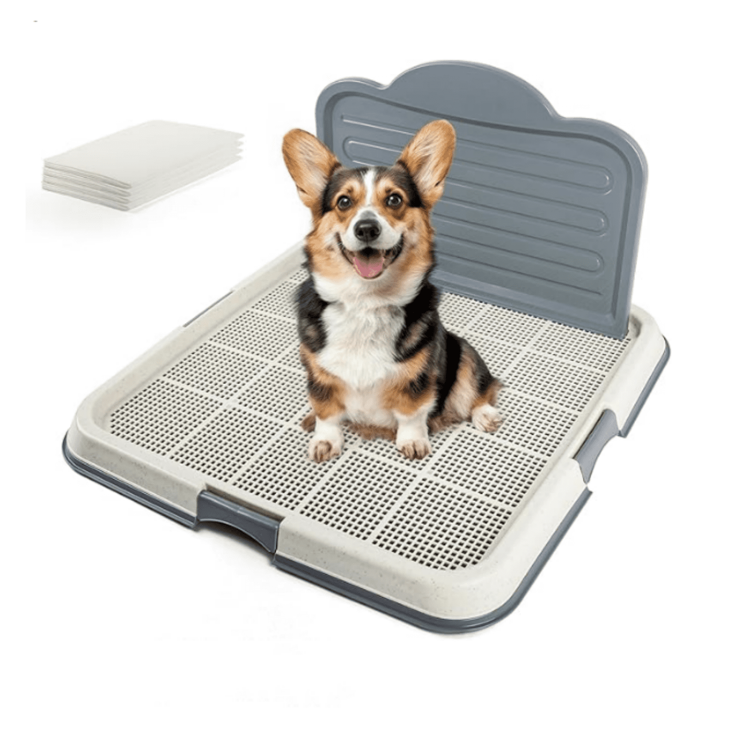 Dog Pee Pad Holder with High Wall, Large Puppy Potty Training Tray with Mesh Grid & Splash Guard, 23.6” x 23.6” Indoor Dog Litter Box, Includes 4 Disposable Pee Pads