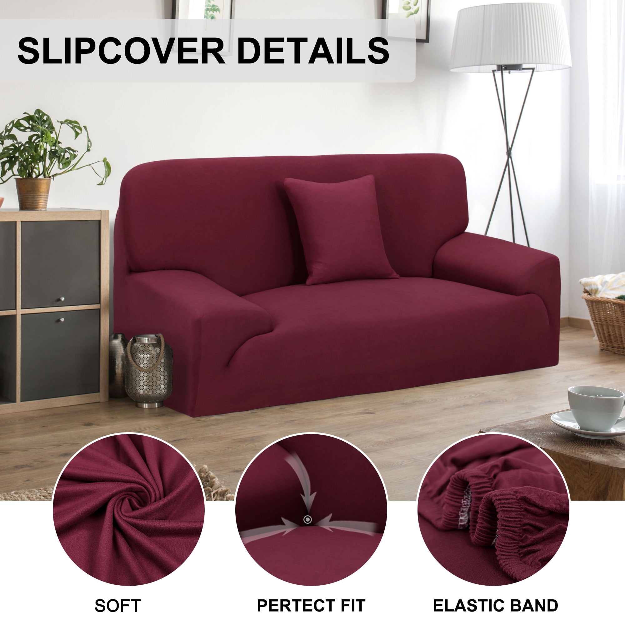 PiccoCasa Thick Stretch Sofa Cover 2 Seater Solid Couch Cover, Burgundy
