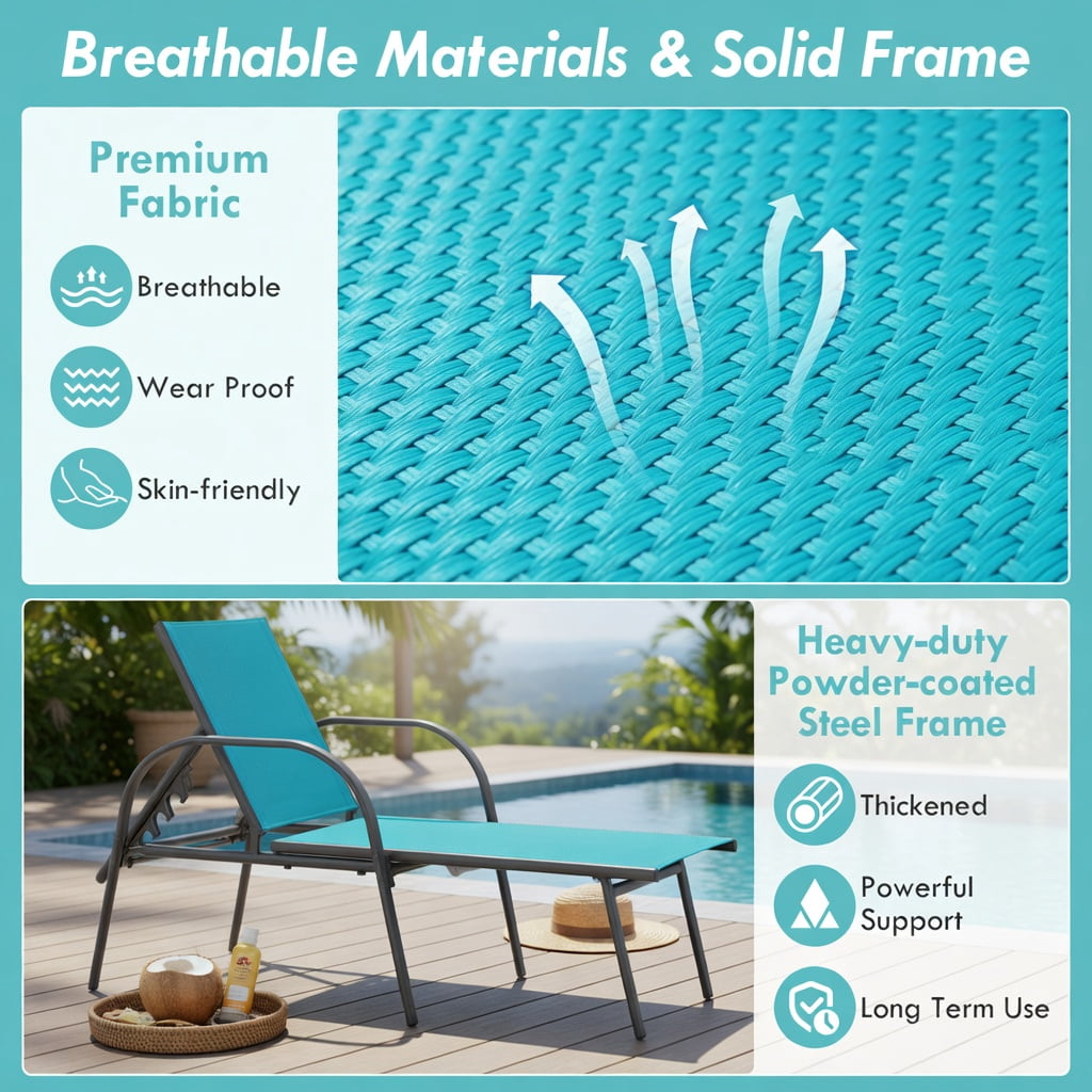 Hommoo 2-Pack Adjustable Outdoor Chaise Lounge Chairs, Sun-Resistant Fabric with Steel Frame, 5-Position Reclining Backrest for Patio, Poolside & Backyard, Turquoise