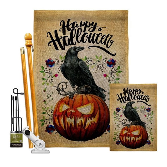 Angeleno Heritage FK130411-DB Crow & Pumpkin Falltime Halloween 28 x 40 in. Double-Sided Decorative Horizontal House Flags Kit for Decoration Banner Garden Yard Gift