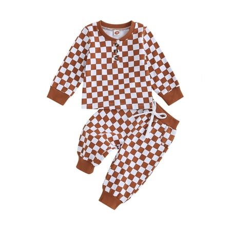 

Blotona Toddler Boys Fall Outfits Set Long Sleeve Checkerboard Print Sweatshirts and Elastic Waist Long Pants 2Pcs Halloween Clothes Set 0-3Y