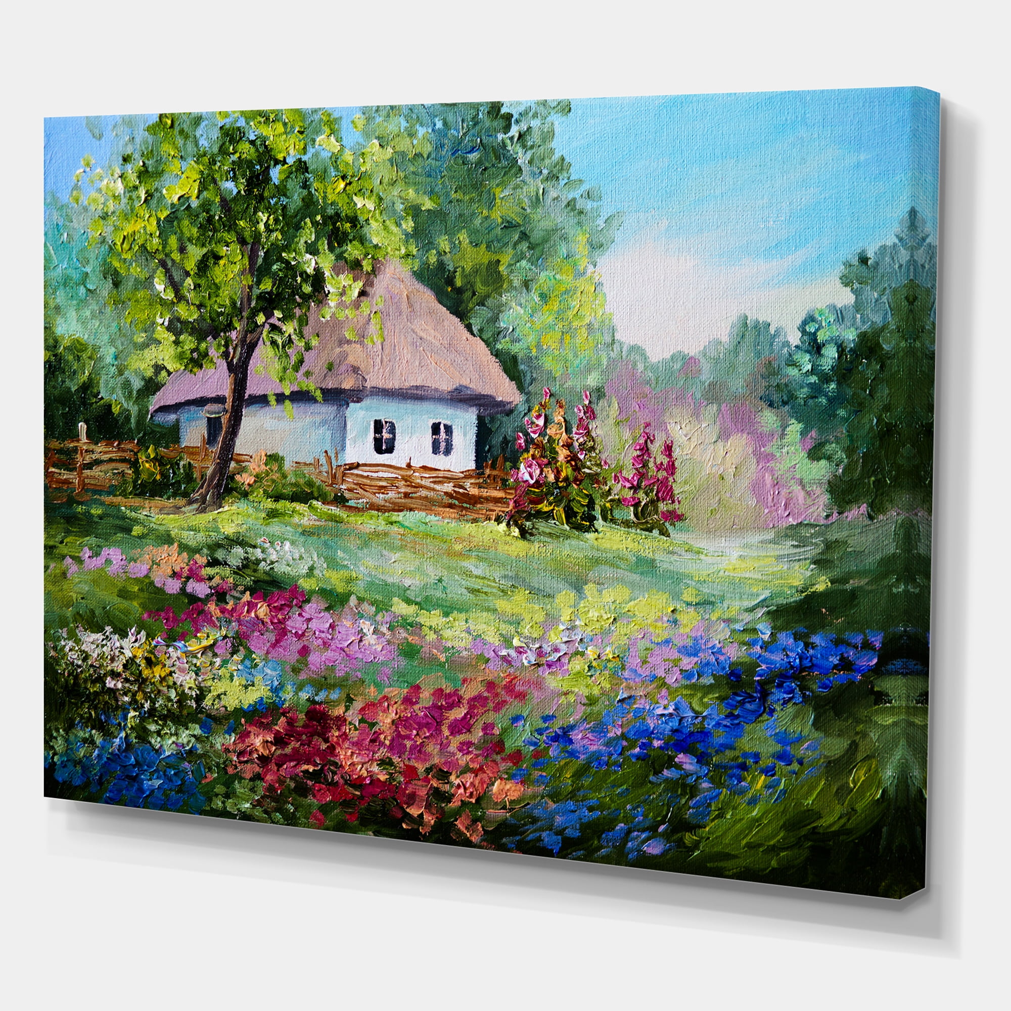 Designart ' House With Blossoming Flowers On The Mountain I ' Traditional Canvas Wall Art Print