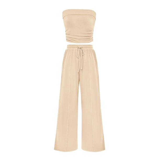 Conjunto de Dos Piezas para Mujer PRETTYGARDEN Tejido Acanalado Color Albaricoque Talla M