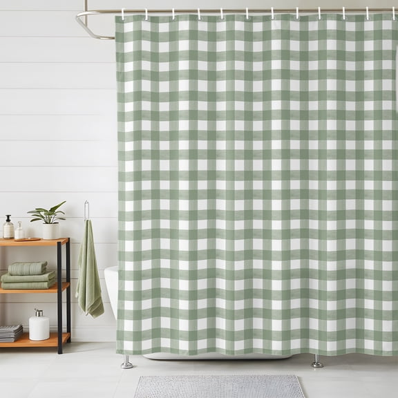 Shower Curtains for Bathroom, Sage Green Buffalo Plaid Waterproof Fabric Shower Curtain, Farmhouse Green White Checkered Decorative Bathroom Curtain for Bathtub, 72"x72", No Hooks Included