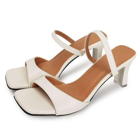 Deago Women s Square Toe Chunky Two Strap Open Toe Low Block Heels Sandals Slip On Shoes for Party Dating Daily 2.8 Inch