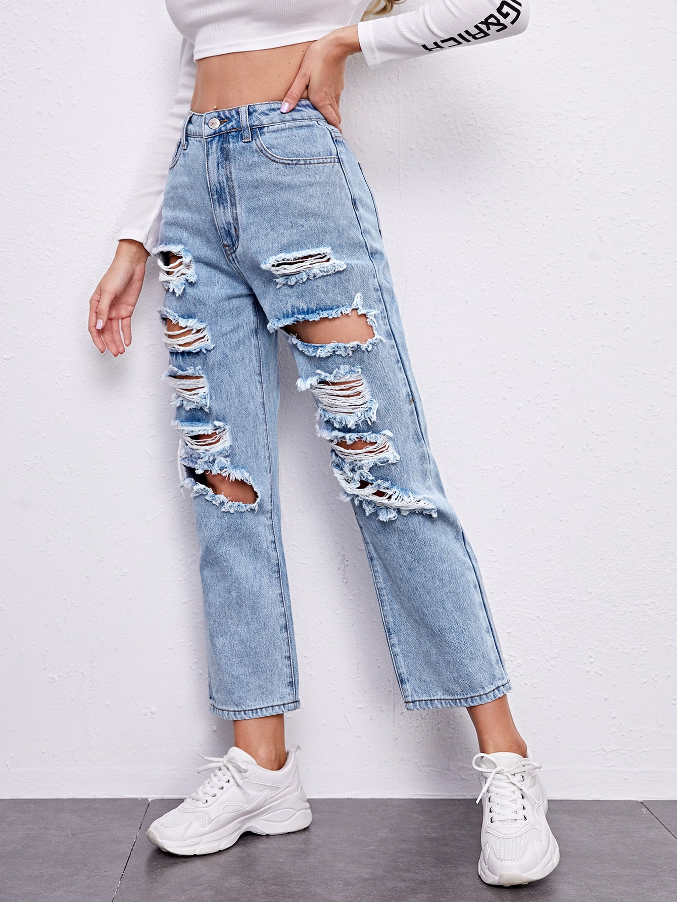 High Rise Ripped Straight Leg Jeans 