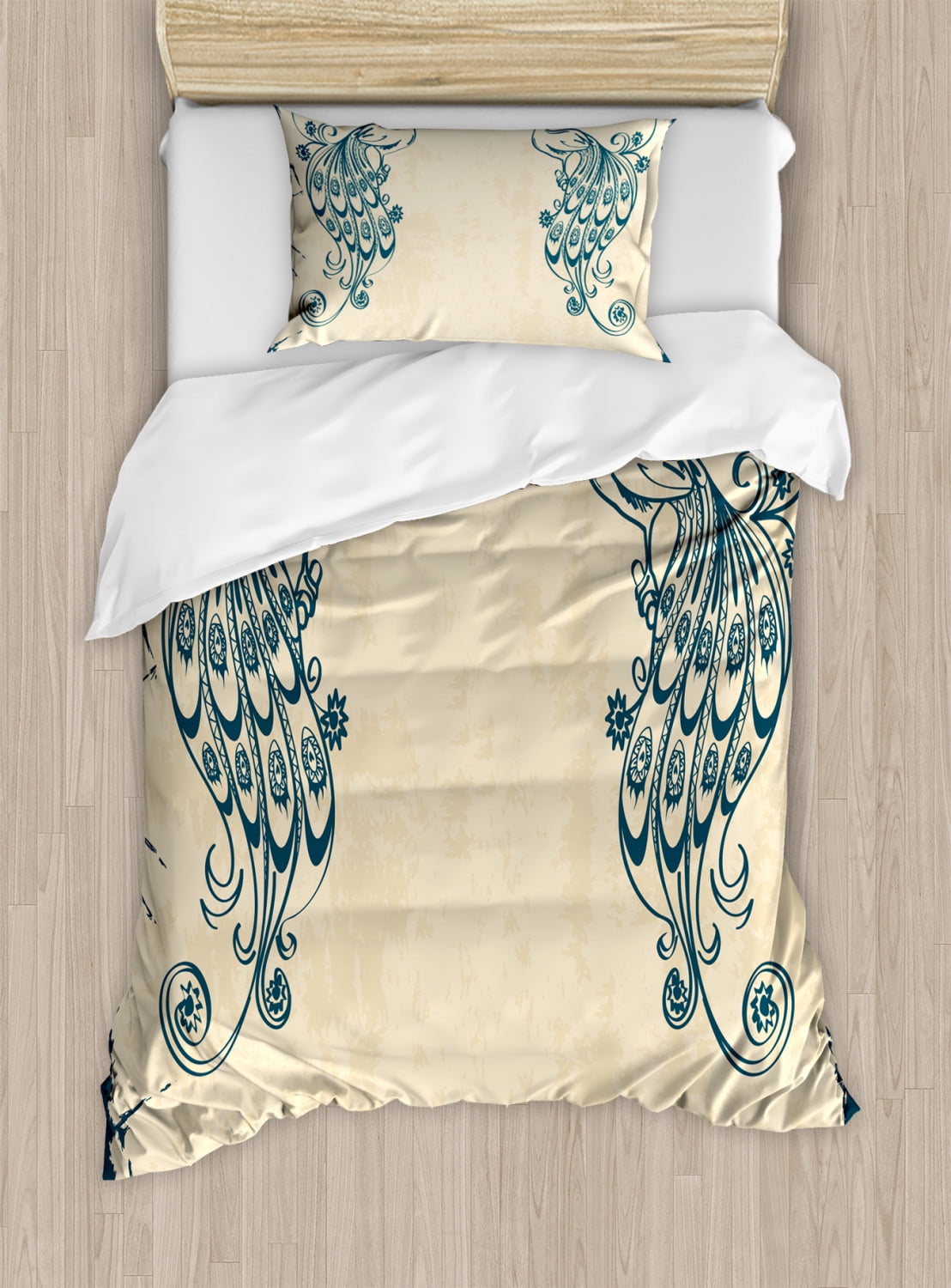 Peacock Duvet Cover Set, Retro Style Vintage Artwork with Peacocks