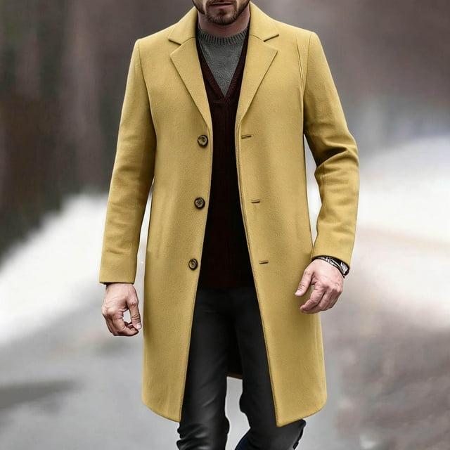 Yusimy Men's Slim Fit Double Breasted Wool Blend Coat Mid-Length Versatile Trench Coat