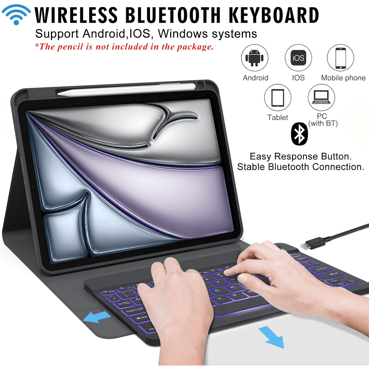Vinci Keyboard Case for iPad Air 11-inch (M2) /6th 2024 & iPad Pro 11(4th/3rd/2nd/1st Gen)，Air 5th/4th 10.9”with Pencil Holder,360° Rotatable Magnetic Case,7 Colors Backlight Wireless Keyboard(Black)