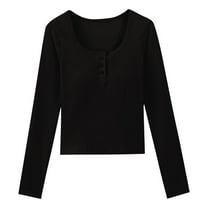 FAHXNVB Women's Layering Basic Tops with Built In Bra Crewneck Long Sleeve Button Up Slim Fit Stretchy Shirts Solid Color Fall Winter T Shirts