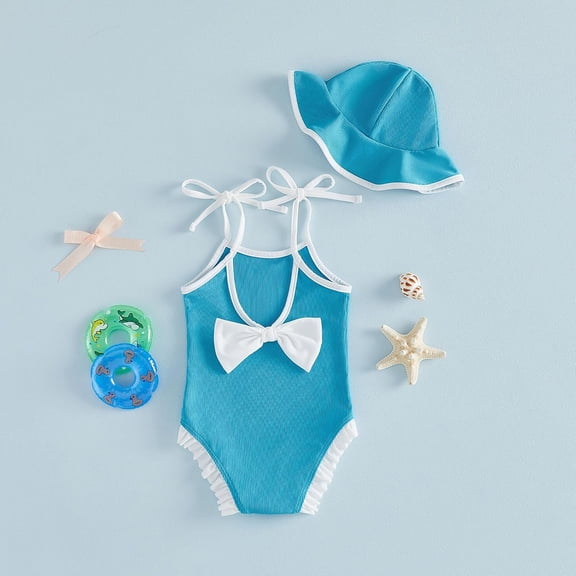 MEZZALL Girls Toddler Kids Girl Swimsuit Baby Bow Swimwear 1 Piece Beach Swim Suit With Hat Baby Girl Bathing Suits Vacation Beachwear
