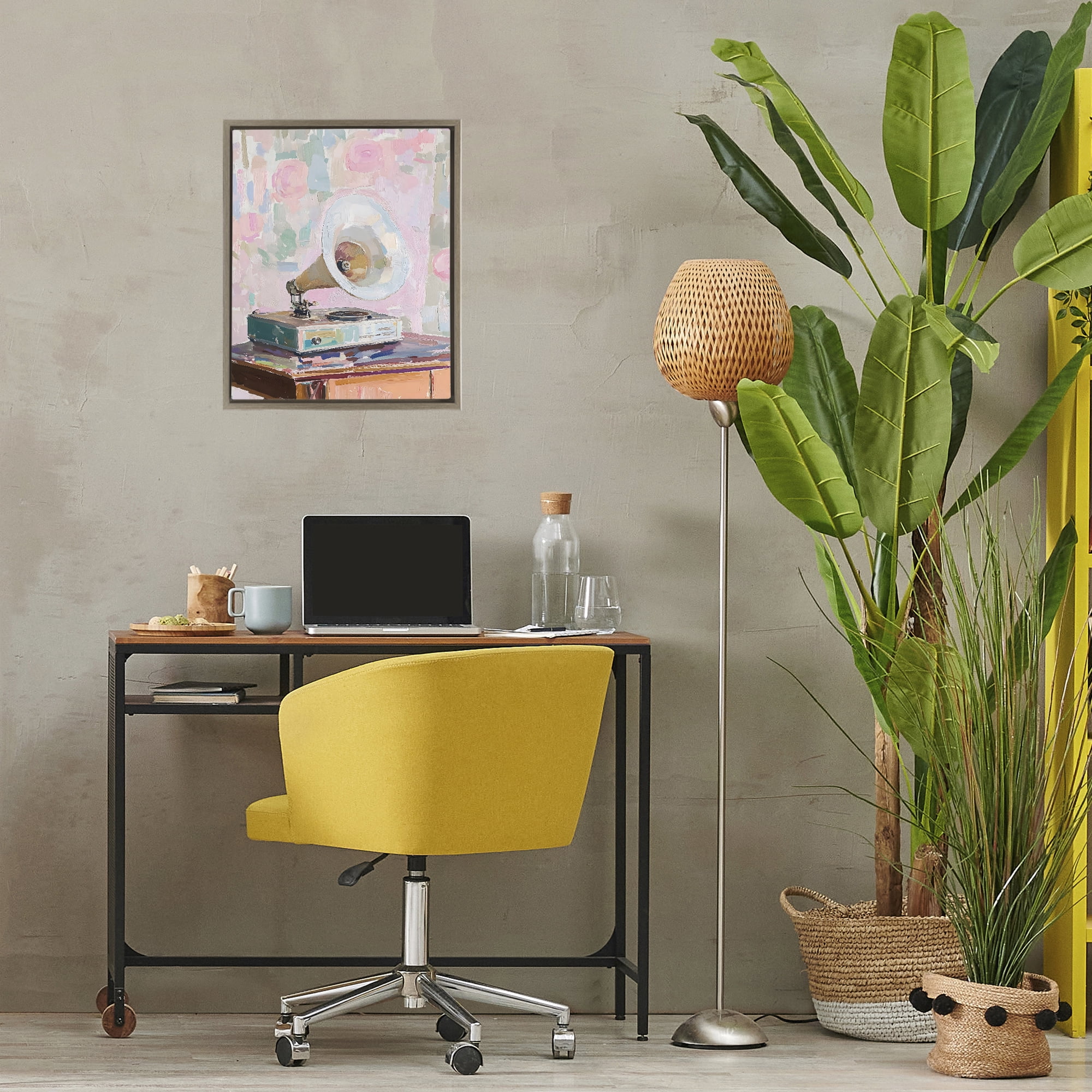 Stupell Industries Vintage Gramophone in Soft Pastels Brown Framed Floater Canvas Wall Art, design by The Prints Vibe