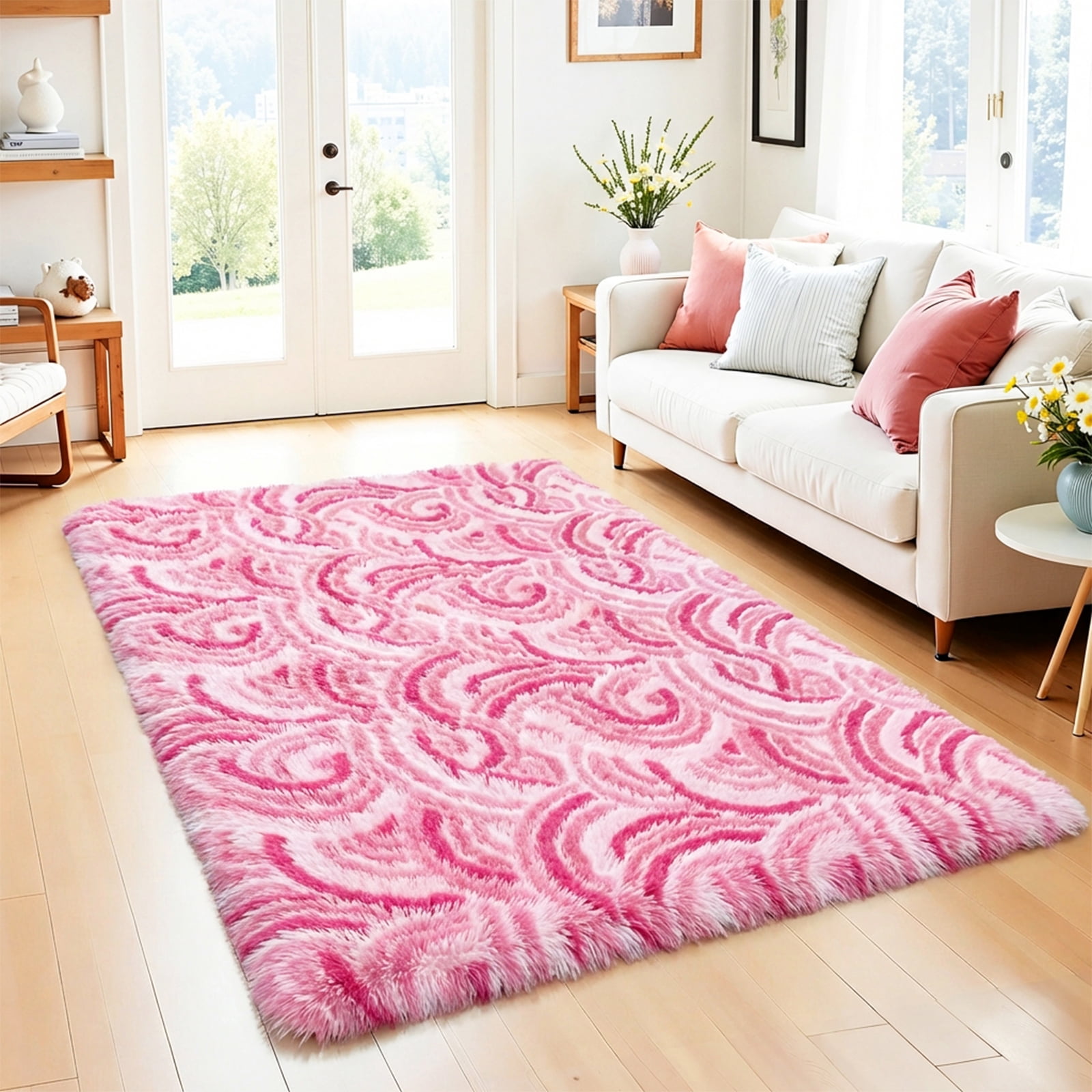 MeyJey 3'x 5' Shag Area Rug, Soft Fluffy Area Rugs for Kids Room Living Room Bedroom Decor Carpet, Pink