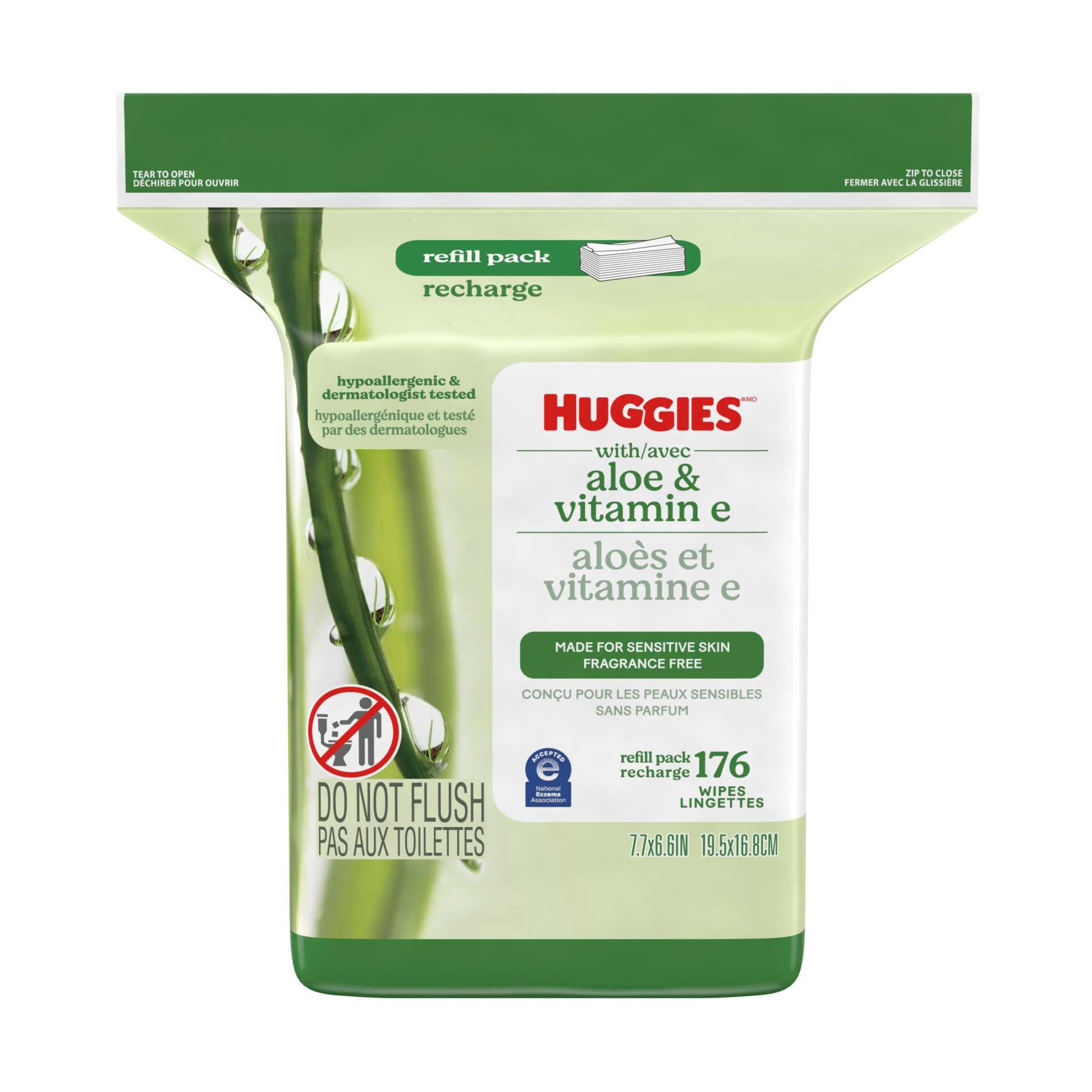 (3 pack) Huggies Wipes with Aloe & Vitamin E, Unscented, 1 Refill Pack, 176 Total Count