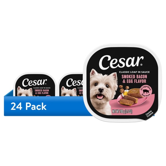 (24 pack) Cesar Classic Loaf in Sauce Wet Dog Food, Bacon & Egg Flavor, 3.5 oz. Easy Peel Trays, 24 Count