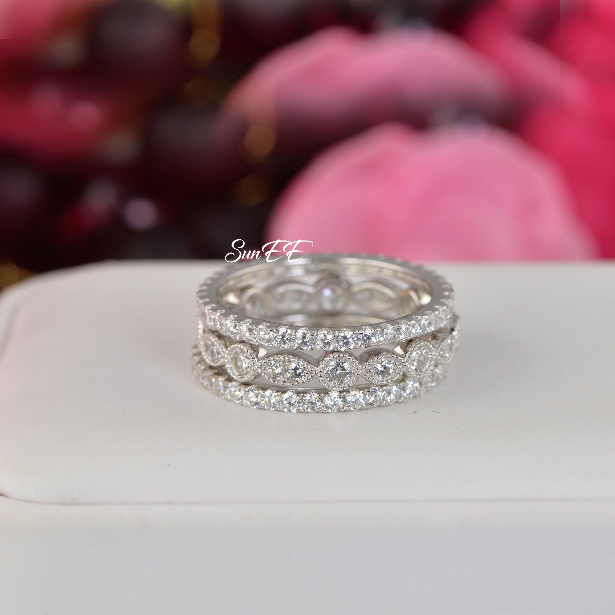 2.14ct Art Deco & 2 Full Eternity Wedding Band Stack Promise