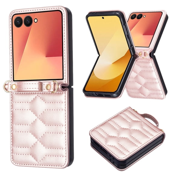 Sanwo for Samsung Galaxy Z Flip8 Case with Crossbody Strap, PU Leather Protective Cover, Lightweight Shockproof Phone Pouch with Non-Slip Design,Rosegold