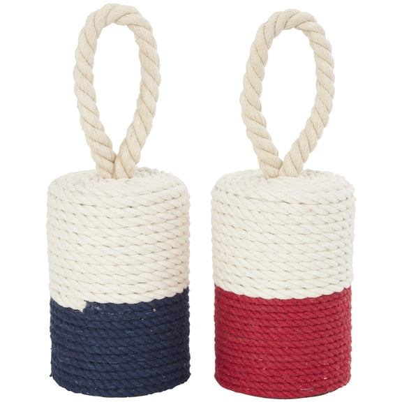 5"W, 7"H Cream Cotton Coiled Colorblock Buoy Sculpture with Red and Blue Bases, by DecMode (2 Count)