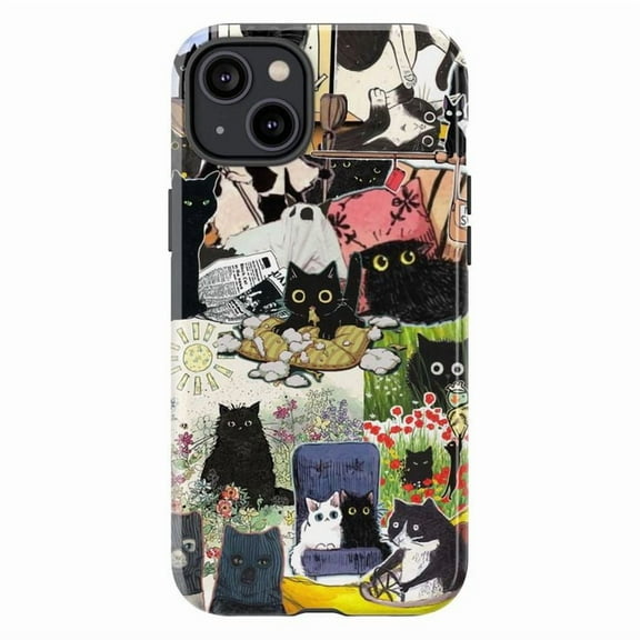 Funny Black Cat Art Phone Case, Cats Doing Human Things Collage, Whimsical Pet Lover Case for iPhone 17 16 15 14 13 12 11