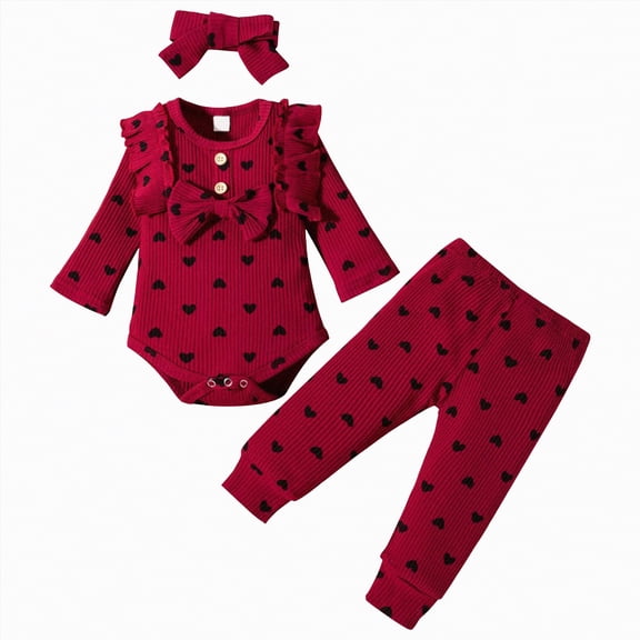 CAICJ98 Infant Newborn Baby Girl Clothes Fall Winter Outfits Ruffled Long Sleeve Romper Pants Set Headband Toddler Clothing 3Pcs (Wine,3-6 Months)