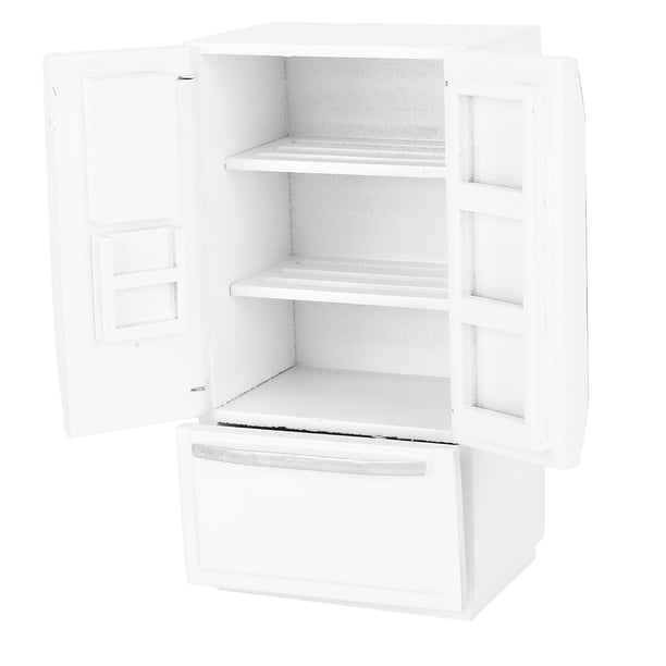 Mini Refrigerador De Dos Puertas 1:12 Para Casa De Muñecas – De Madera De Abedul, Blanco Con Ribete Plateado – Mueble De Cocina En Miniatura