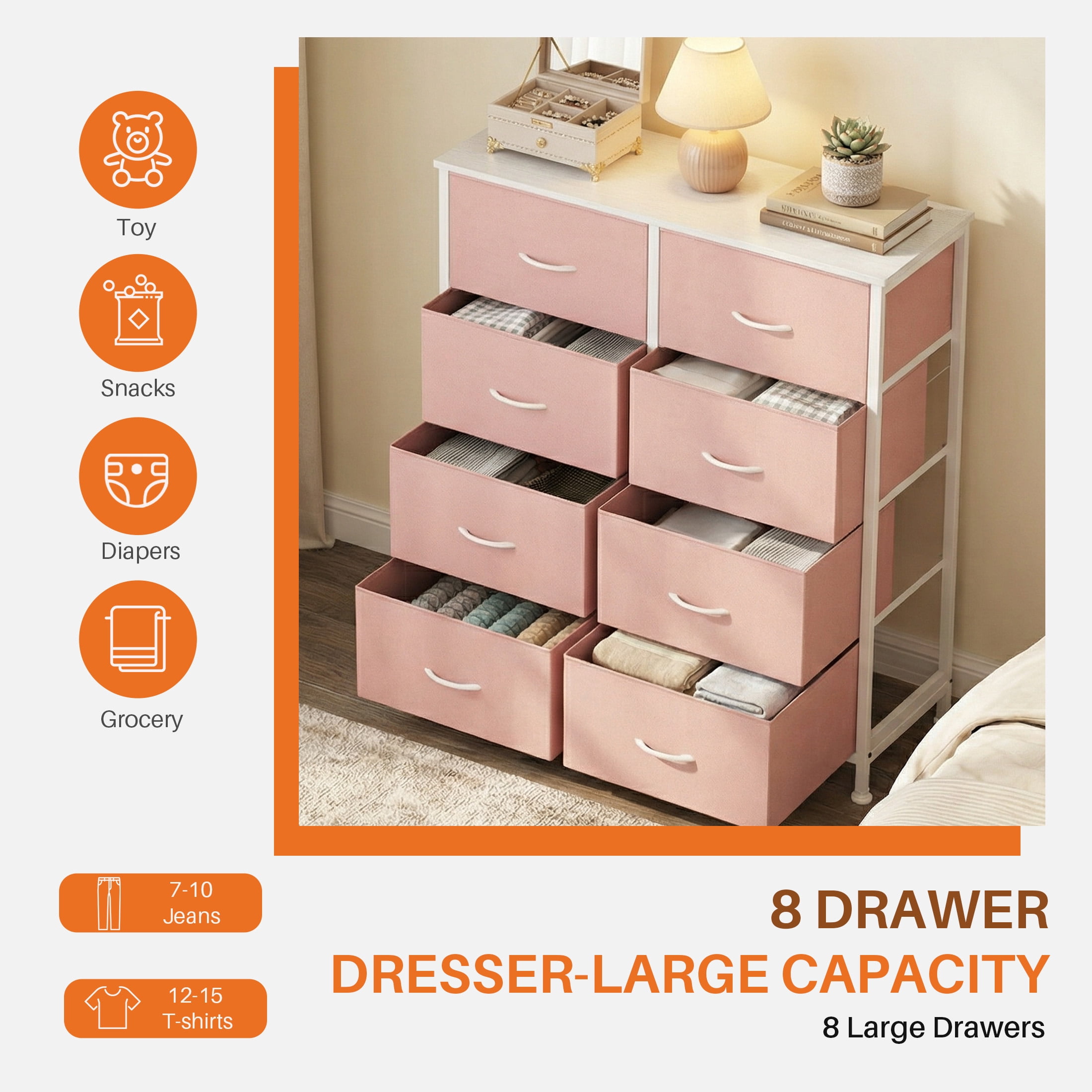 CONCETTA 8-Drawer Fabric Dresser Storage Chest for Bedroom, Closet, Entryway, Storage Furniture for Adults, Pink