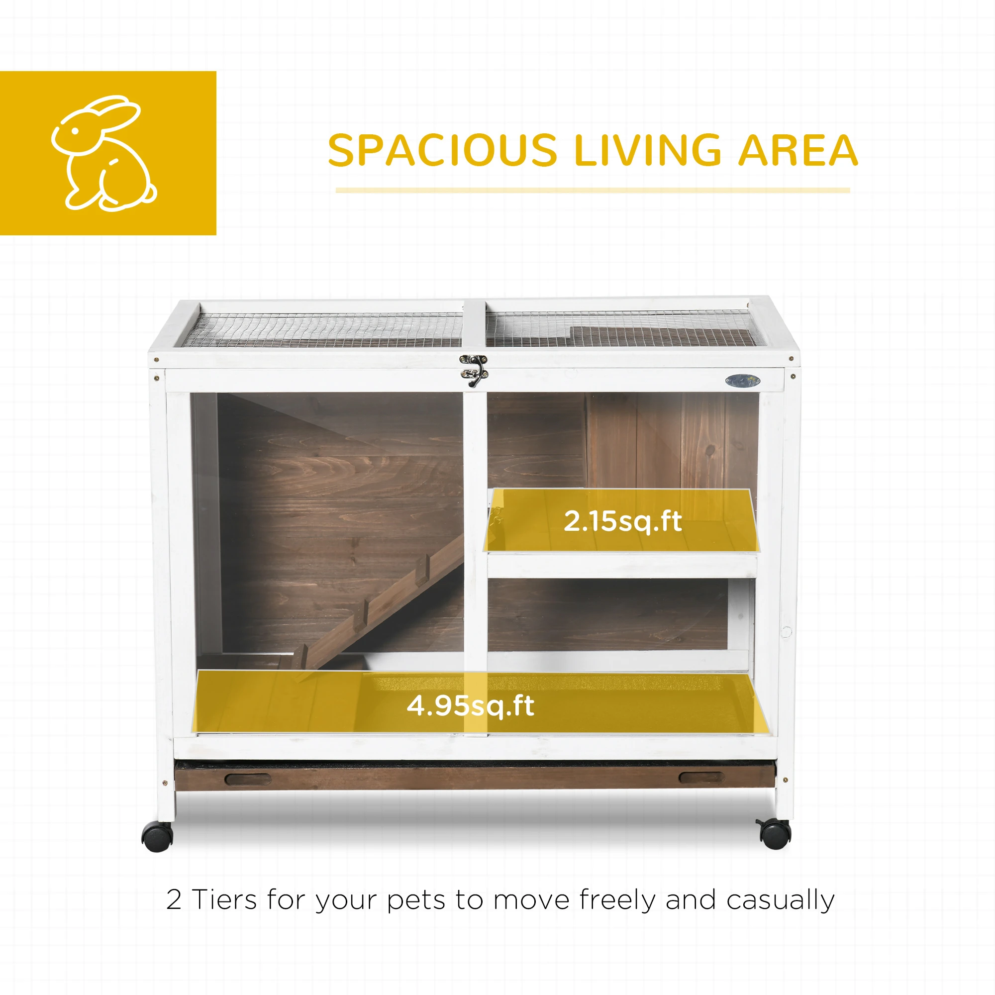 Pefilos 36" Indoor Rabbit Hutch with Wheels, Removable Tray and Openable Top, Wooden Bunny House Small Animal Habitat, Brown