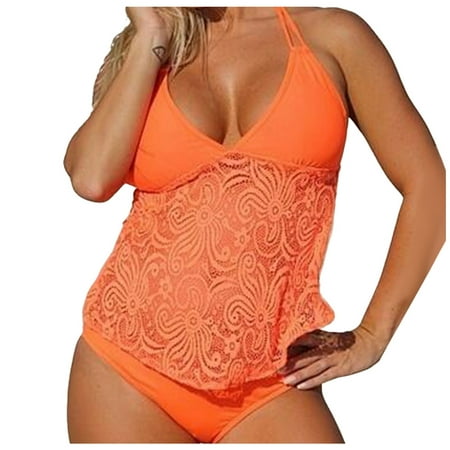 Womens Swimsuits Solid Color Lace Up Spaghetti Strap Camisole Tops And Panty Set Two Piece Tankini Swimsuits For Women Swimwears Activewear Orange M