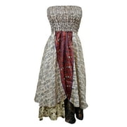 Mogul Womens Beach Dress Beige Strapless Smocked Bodice Silk Sari Two Layer Flirty Maxi Skirt