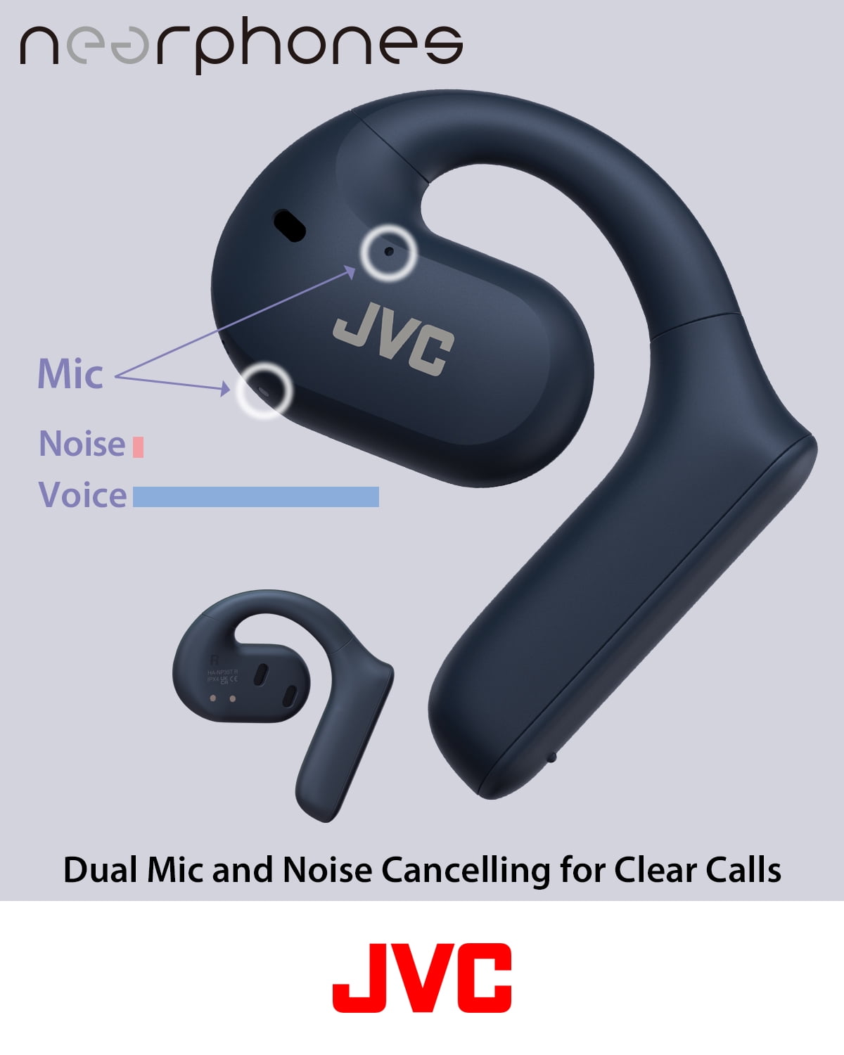 JVC Nearphones Open Ear True Wireless Headphones with 16mm Large Drivers for Powerful Sound, Single Ear use, and Long Battery Life (up to 17 Hours) - HANP35TA (Blue)
