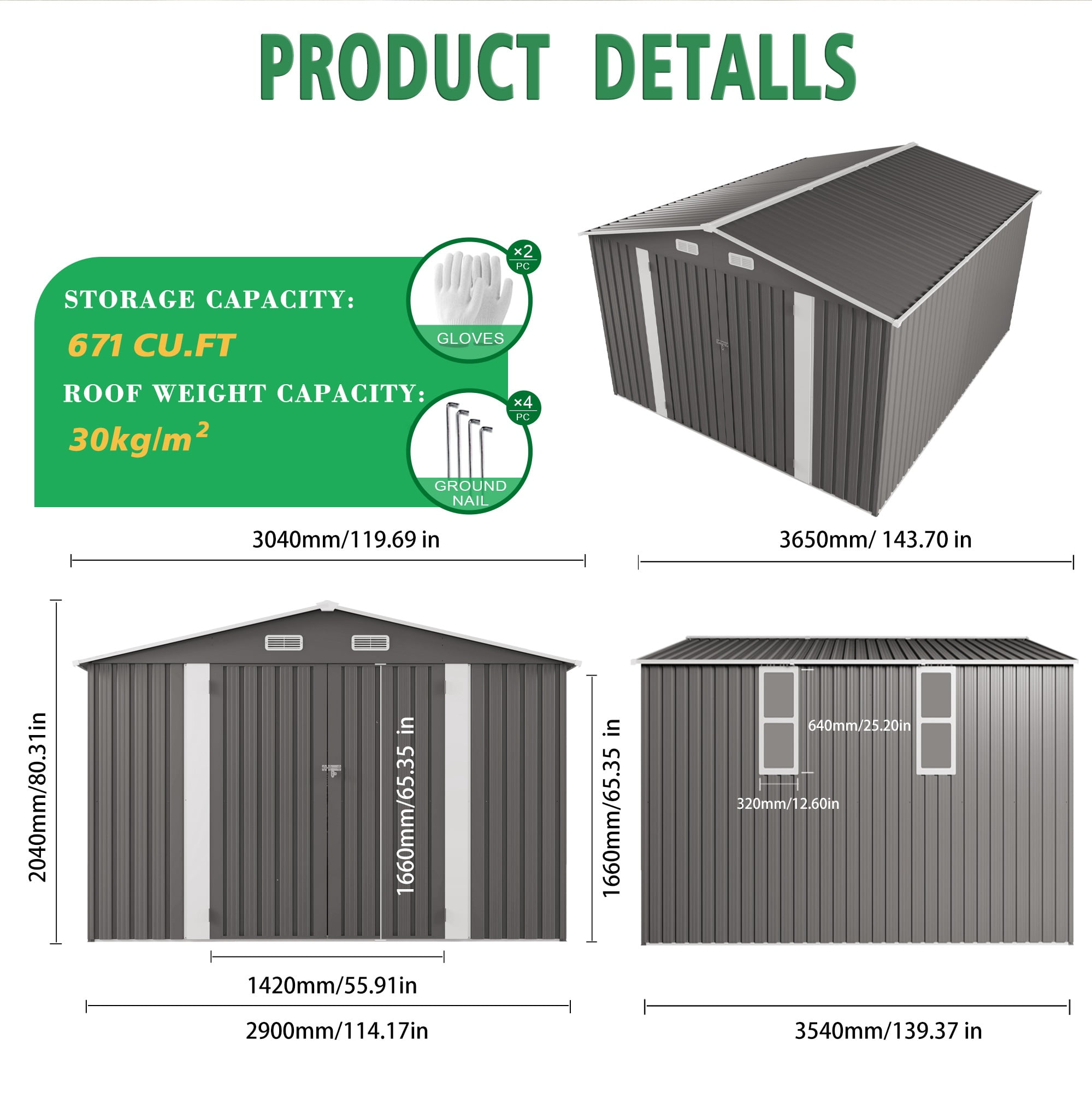 10x12FT Outdoor Tool Storage Shed,Large Metal Garden Shed w/ Double Door&2Window
