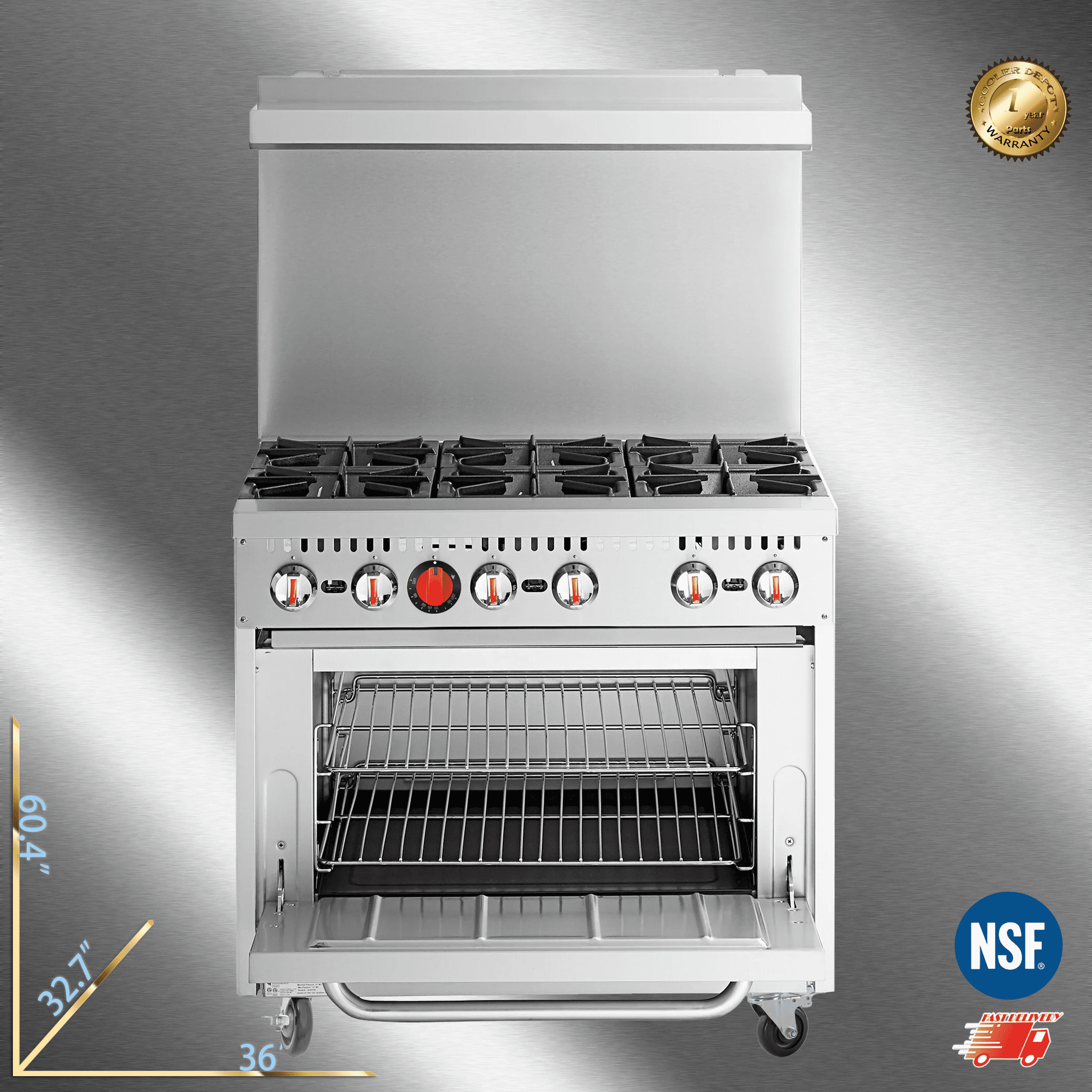 Cooler Depot NSF 36" Commercial 6-Burner Gas Range with Oven, 4.6 cu ft, Model HFSO-36