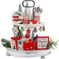 HCTSHG Christmas Tiered Tray Decoration Set, Includes Stocking Ornament and Road Sign, Fall Country Farmhouse Wood Beads Tabletop Sign for Christmas Table Decor