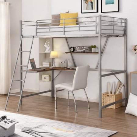 Anwick Metal Twin Size Loft Bed with L-Shaped Desk and Shelf, Full-Length Guardrail, Space-Saving, for Kids Teens, Silver