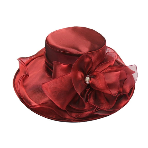 HEVIRGO Women Church Cap Wide Brim Cloth Flower Temperament Foldable Rhinestones Buckle Hat for Wedding Red Chiffon,Net Yarn