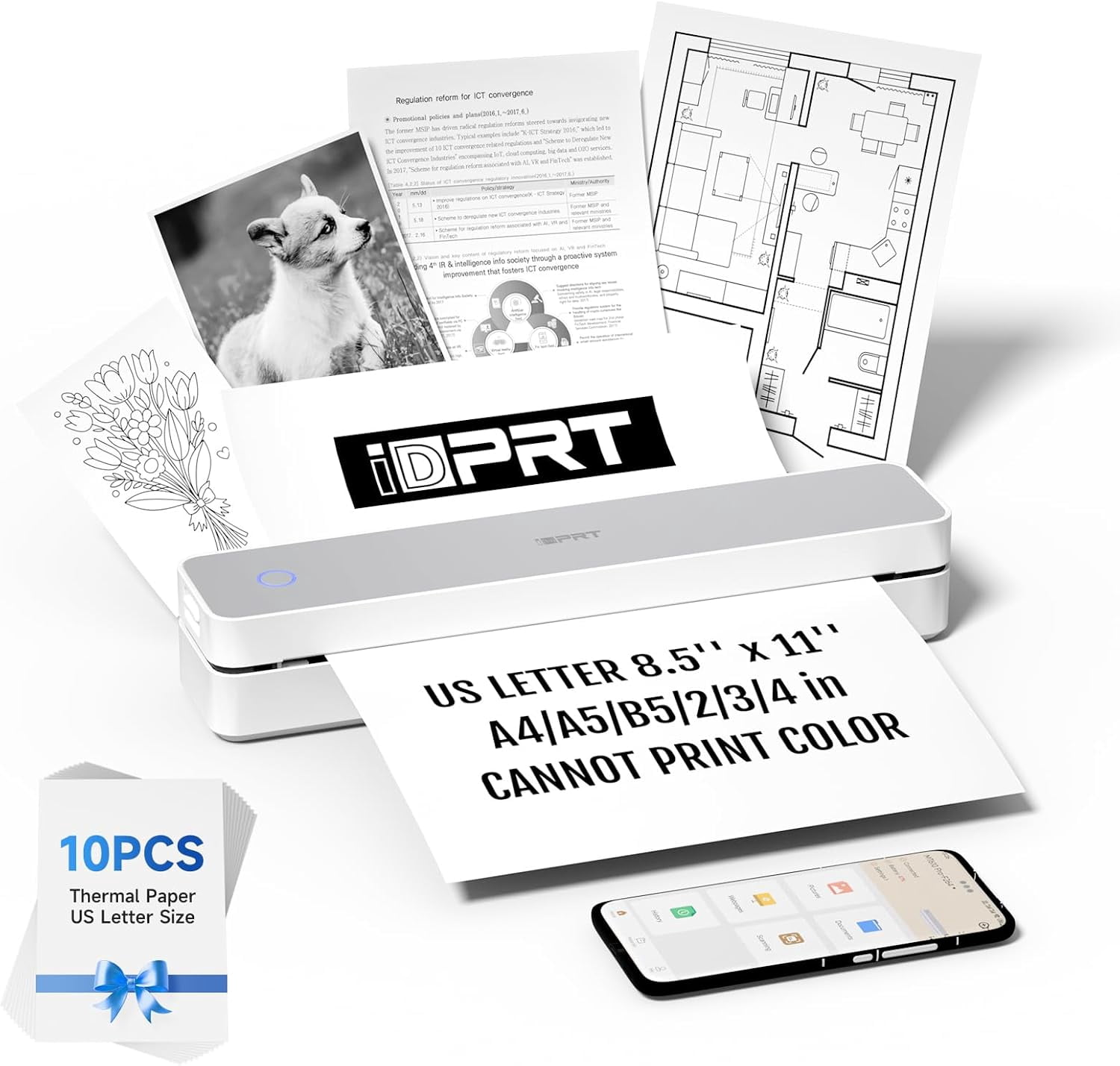 Restored iDPRT Portable Thermal Printer, MT610 Pro Wireless for Travel, 300 DPI Bluetooth Inkless Printer Support 8.5" X 11" US Letter Thermal Paper for Home, Compatible with iOS, Android, White (Refurbished)