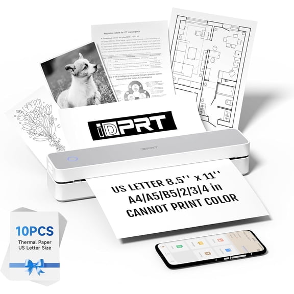 Restored iDPRT Portable Thermal Printer, MT610 Pro Wireless for Travel, 300 DPI Bluetooth Inkless Printer Support 8.5" X 11" US Letter Thermal Paper for Home, Compatible with iOS, Android, White (Refurbished)
