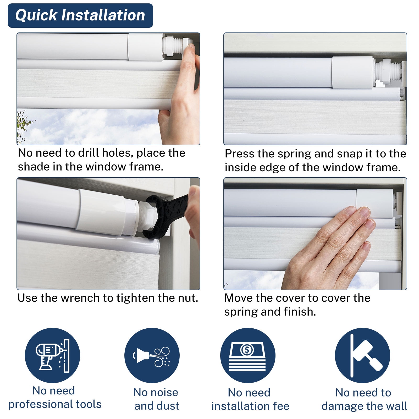 Keego No Drill Top Down Bottom Up Cellular Shades for Windows Blackout Cordless Blind Window Shades No Tool Honeycomb Blinds Shades for Home, Easy To Install, White, 49"W x 56"H