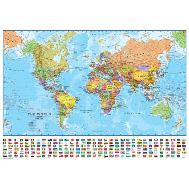 World Wall Map With Flags 140 Laminated Educational Poster