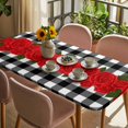 thumbnail image 3 of Valentine's Day Table Cloths for 5 Foot Rectangle Tables, Red Rose Flowers Buffalo Plaid Romantic Patio Waterproof Elastic Fitted Tablecloths, Washable Rectangular Table Cover for Camping, 3 of 8