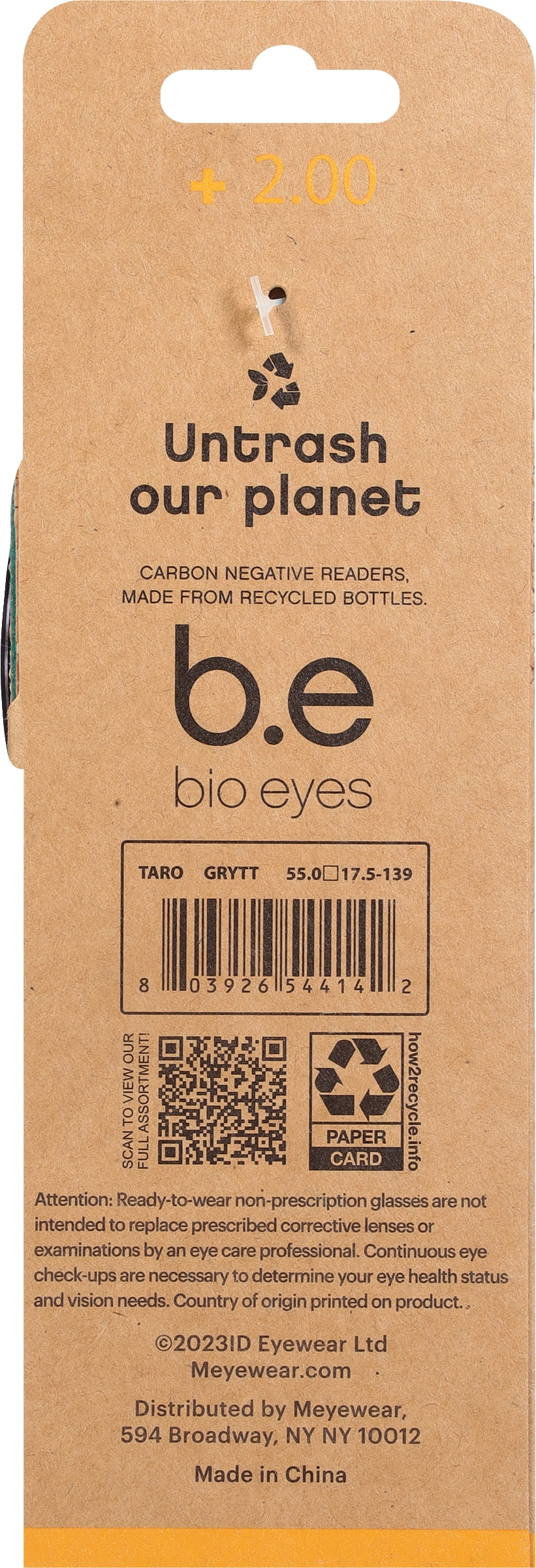 (2 pack) B.E Bio Eyes Mens Rectangular Reading Glasses Made from Recycled Plastic Taro +2.00 in Grey