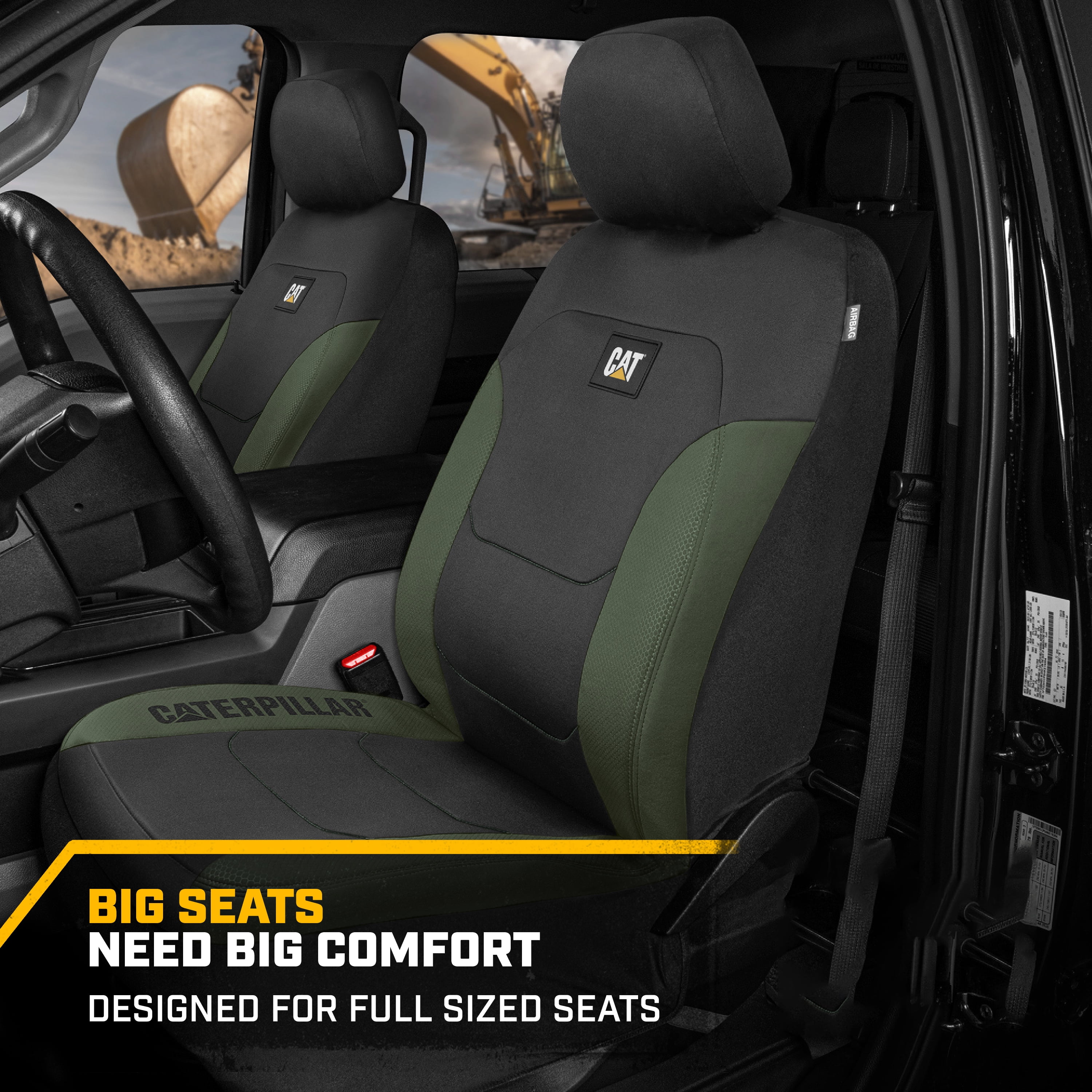 CAT FlexFit Green Black Seat Covers for Cars, Trucks, & SUV - (2) Front Car Seat Cover Front Seat Protectors - Airbag Compatible Seat Covers for SUV Interior Covers & Truck Seat Cover Car Accessories