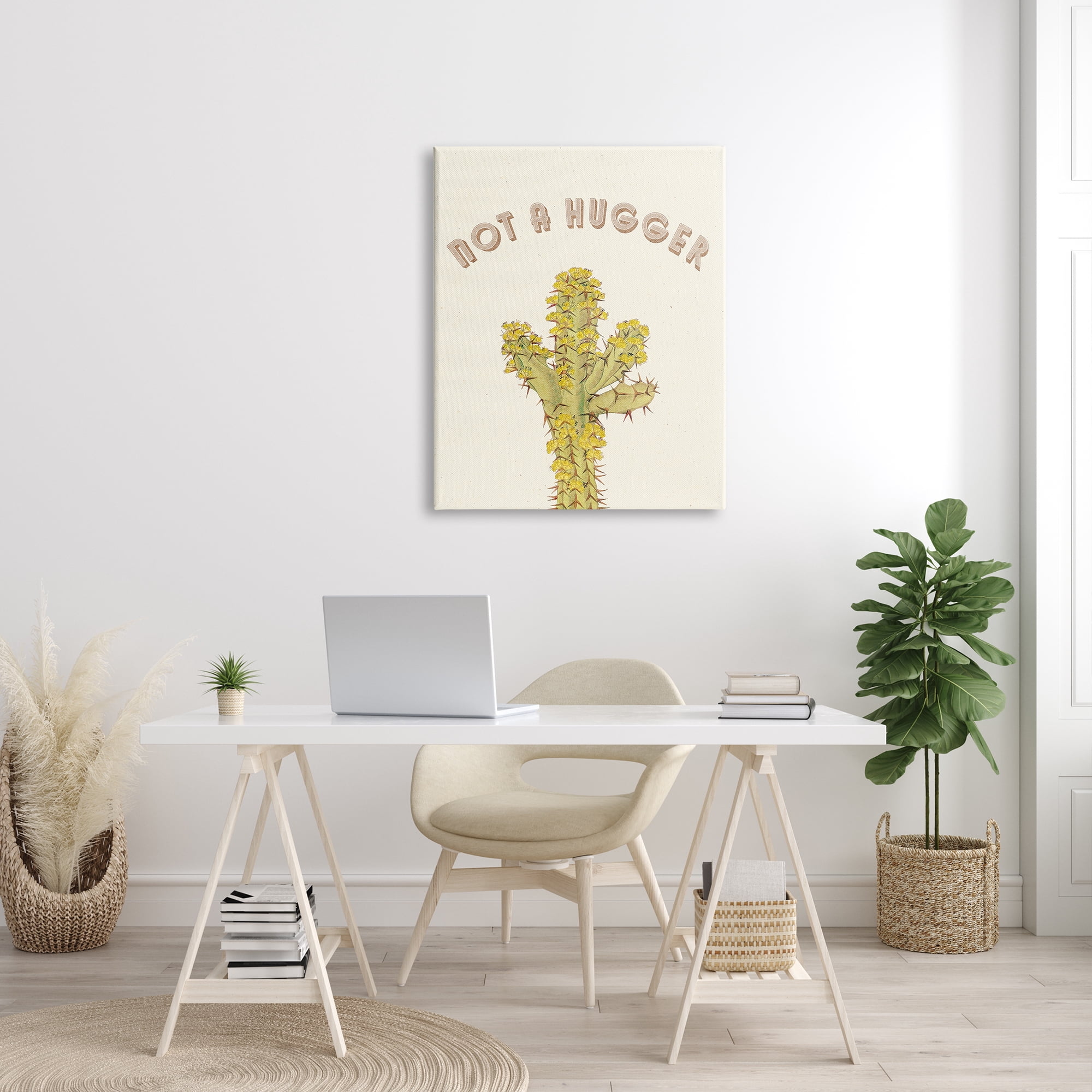 Stupell Industries Not A Hugger Phrase Vintage Yellow Floral Cactus Botanical & Floral Painting Gallery Wrapped Canvas Print Wall Art, 30 x 40