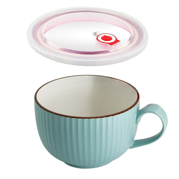 Ceramic Soup Bowls With Lid, Large Soup Cup With Handle, Small Ramen Bowls Microwave Safe, Breakfast Bowl-Blue-14x10cm