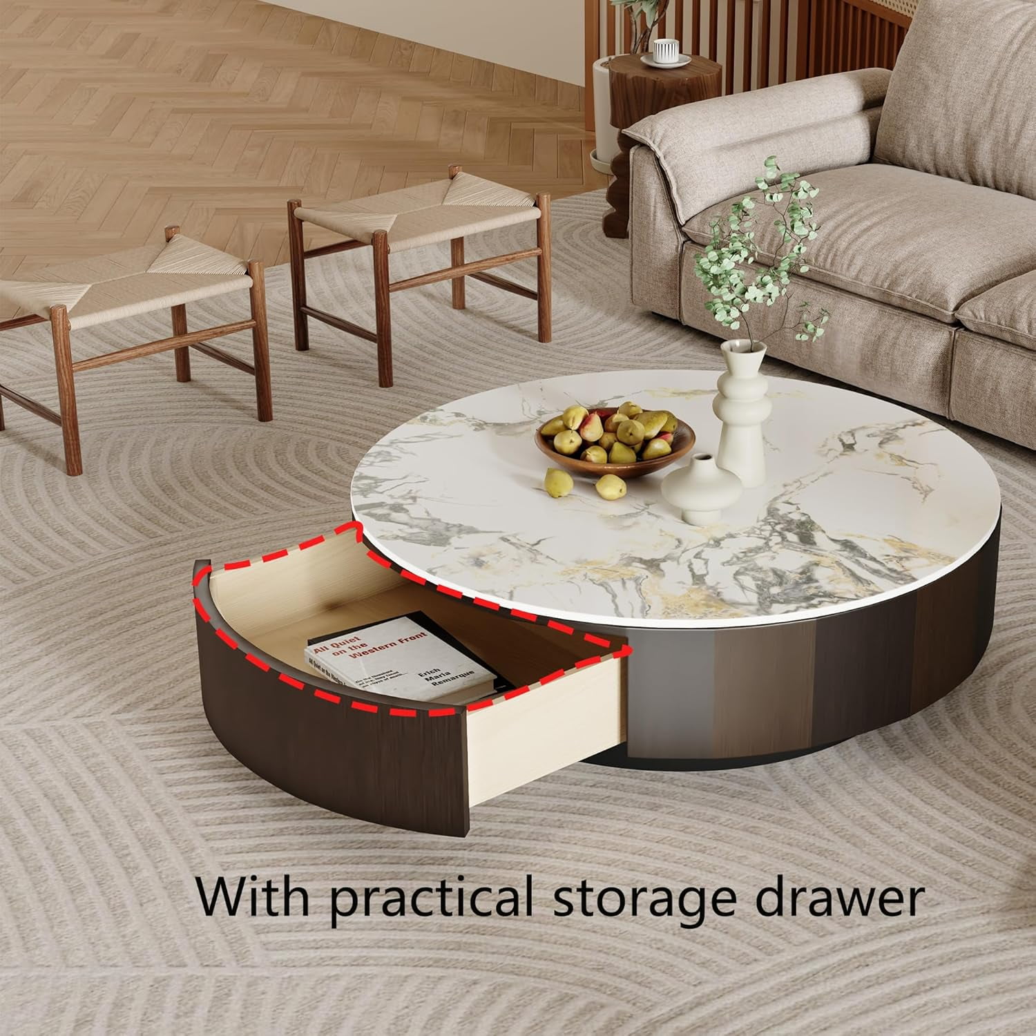 FHKJ HOME 35.4" Modern Round Coffee Table with Storage Drawer, White Sintered Stone Top