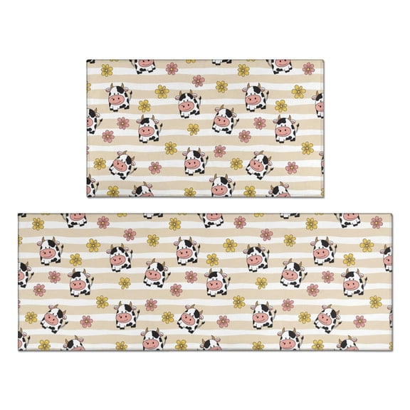 Cow and Flower Beige Pattern Anti Fatigue Kitchen Rugs Set Of 2, Non Slip Washable Decorative Floor Mats for Kitchen Sink Laundry, 17"x30" and 17"x47"