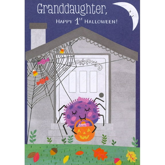 Designer Greetings Cute Purple Spider and Gray House Juvenile 1st / First Halloween Card for Granddaughter