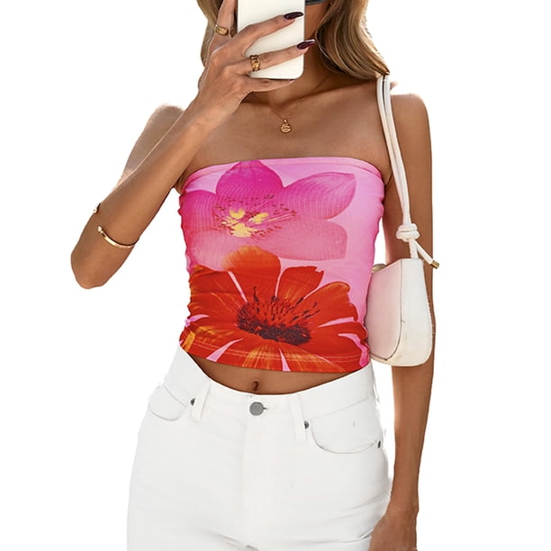 Top de Tubo Sin Tirantes con Estampado Floral PRETTYGARDEN 2025 Talla L