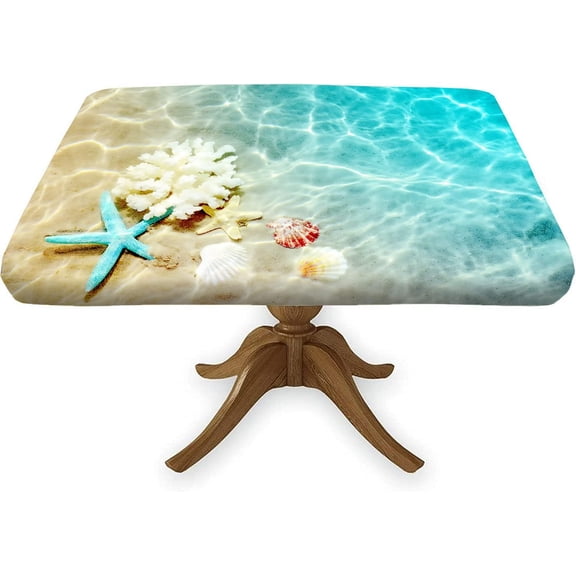 Starfish Square Fitted Tablecloth, Seashell Beach Coral Washable Polyester Table Covers, Suitable for Kitchen Party Picnic Family Banquet and Outdoor Patio Use, Fit for 34" x 34"Square Table, Blue
